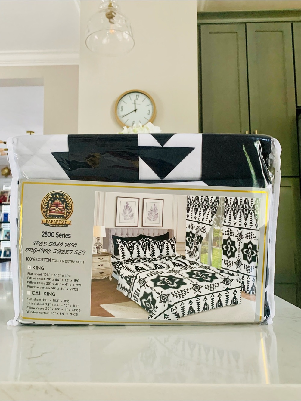 Papapiyay 2800 Series 8PC Cotton Sheet Set w/ Curtains King Black White Geo